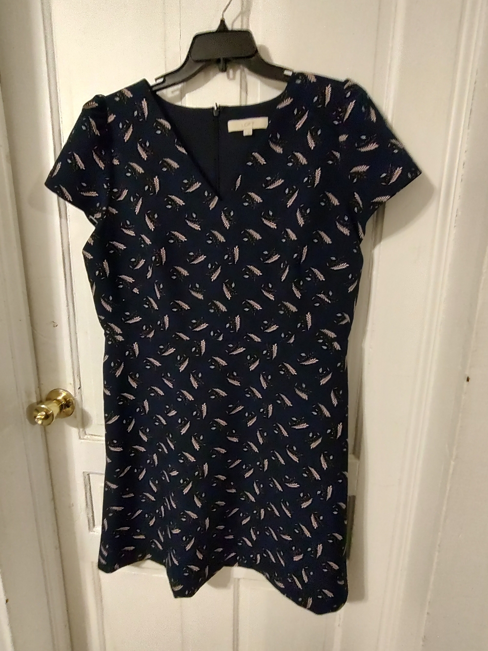 LOFT Navy Printed V-Neck Cap Sleeve Dress